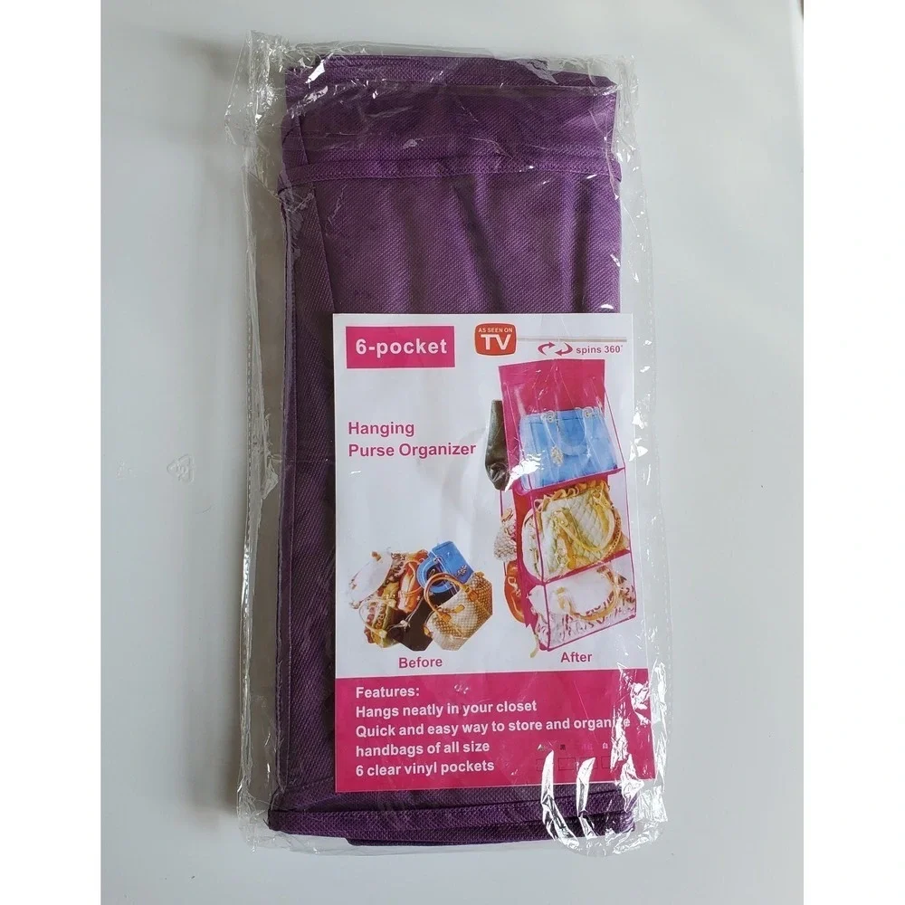 As Seen On TV 6-Pocket Hanging Purse Organizer Purple Closet Storage Swivel Hook